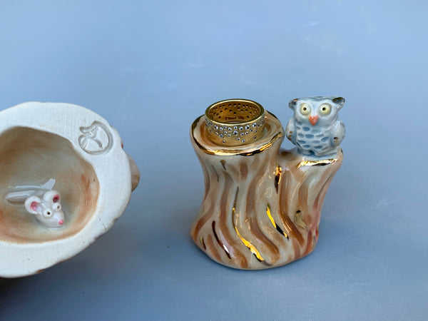 Tiny Owl (and Hidden Mouse) Ring Pedestal. - Vuvu Ceramics