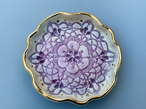 Purple Snowflake Ceramic Jewelry Dish with Gold Accents