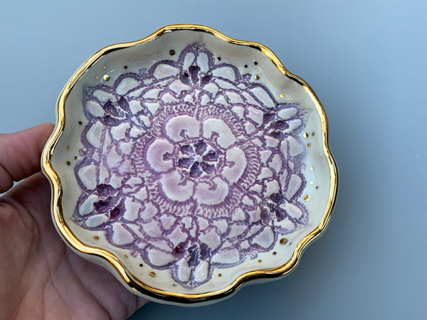 Purple Snowflake Ceramic Jewelry Dish with Gold Accents