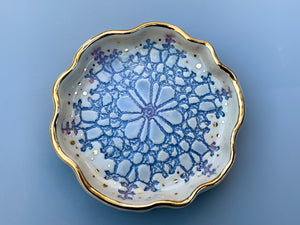 Blue Snowflake Ceramic Jewelry Dish with Gold Accents