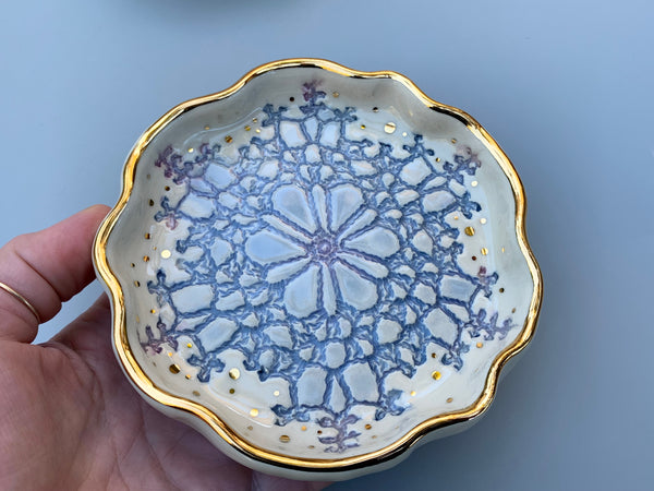 Blue Snowflake Ceramic Jewelry Dish with Gold Accents