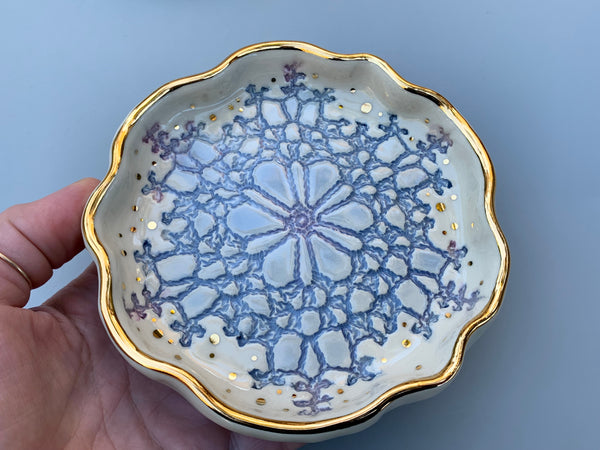 Blue Snowflake Ceramic Jewelry Dish with Gold Accents