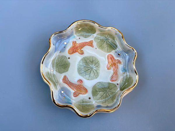 Koi Pond with Lily Pads, jewelry dish with real gold accents - Vuvu Ceramics