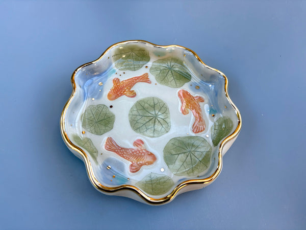 Koi Pond with Lily Pads, jewelry dish with real gold accents - Vuvu Ceramics