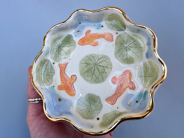 Koi Pond with Lily Pads, jewelry dish with real gold accents - Vuvu Ceramics