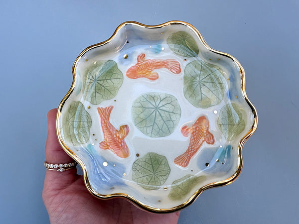 Koi Pond with Lily Pads, jewelry dish with real gold accents - Vuvu Ceramics