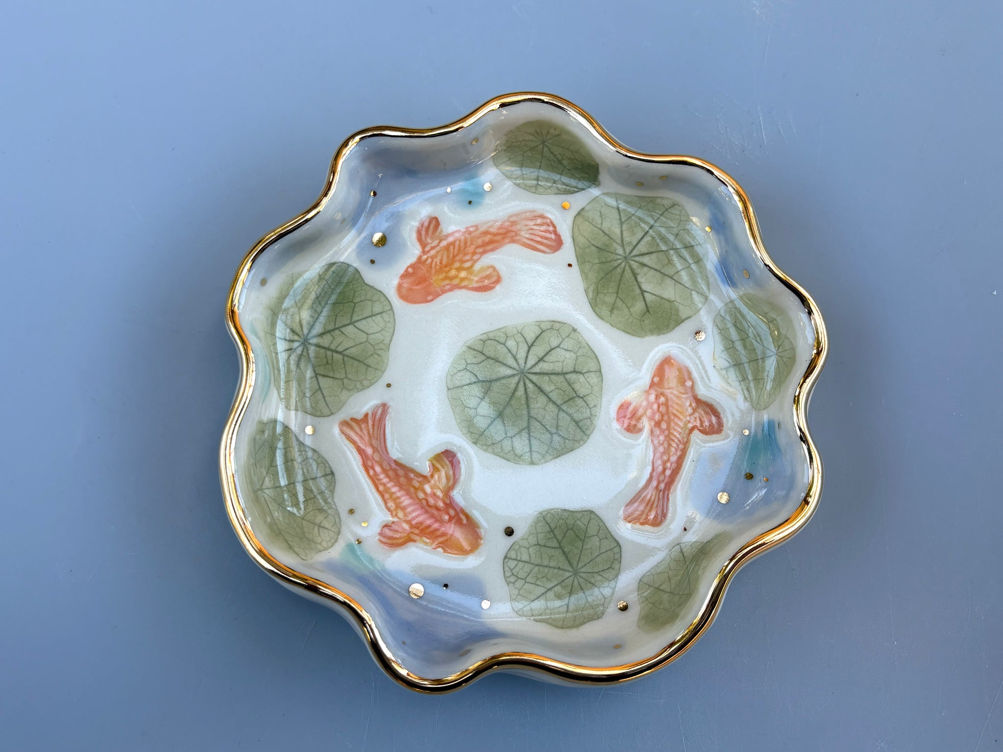 Koi Pond with Lily Pads, jewelry dish with real gold accents - Vuvu Ceramics