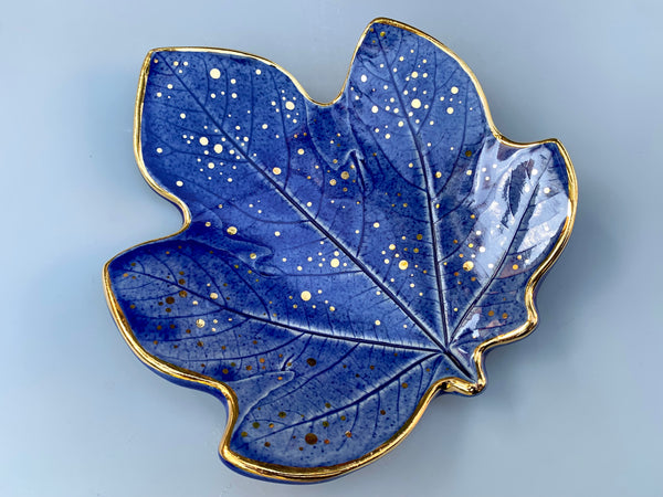 Large Blue Ceramic Leaf Dish with Gold Accents, Fig