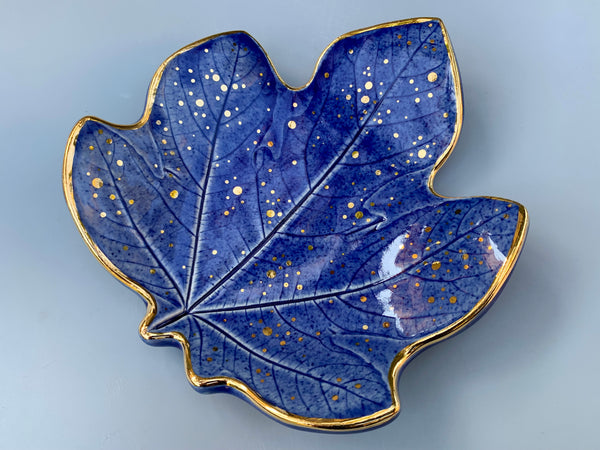 Large Blue Ceramic Leaf Dish with Gold Accents, Fig