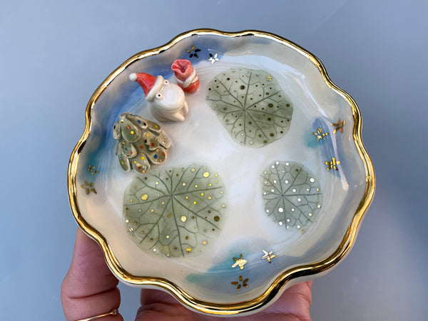 Santa Frog Jewelry Holder, Ceramic Leaf Dish