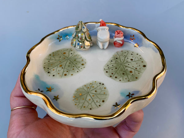 Santa Frog Jewelry Holder, Ceramic Leaf Dish