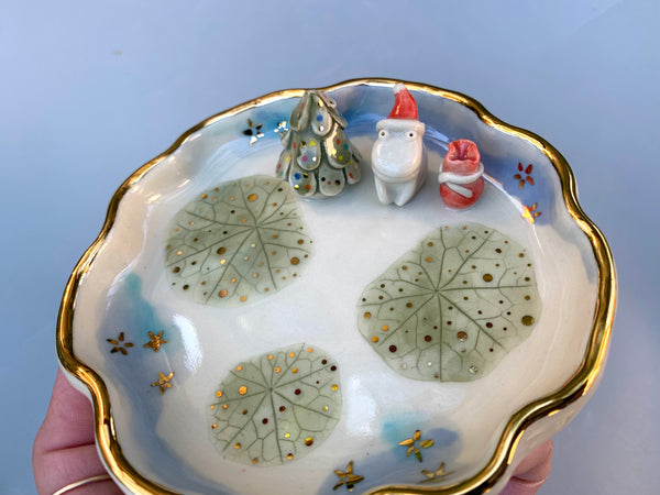 Santa Frog Jewelry Holder, Ceramic Leaf Dish