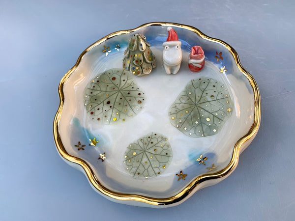 Santa Frog Jewelry Holder, Ceramic Leaf Dish