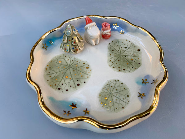 Santa Frog Jewelry Holder, Ceramic Leaf Dish
