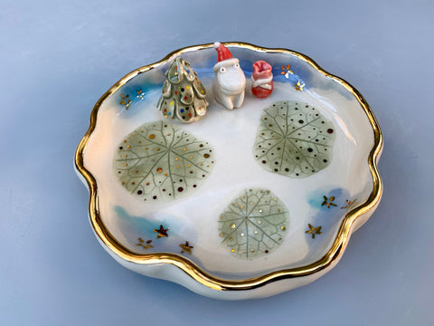 Santa Frog Jewelry Holder, Ceramic Leaf Dish