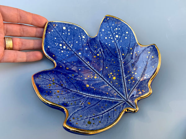 Large Blue Ceramic Leaf Dish with Gold Accents, Fig