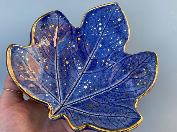 Large Blue Ceramic Leaf Dish with Gold Accents, Fig