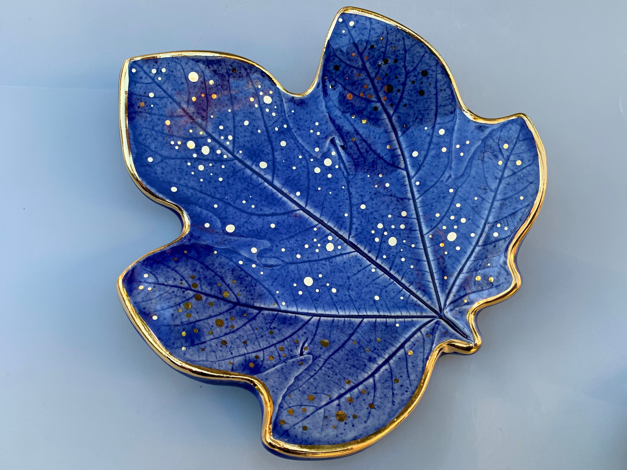 Large Blue Ceramic Leaf Dish with Gold Accents, Fig