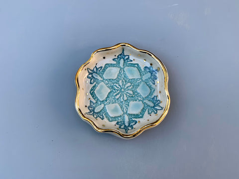 SMALL Turquoise Snowflake Ceramic Jewelry Dish with Gold Accents