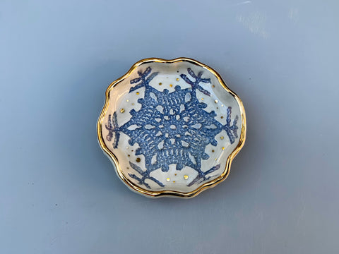 SMALL Blue Snowflake Ceramic Jewelry Dish with Gold Accents