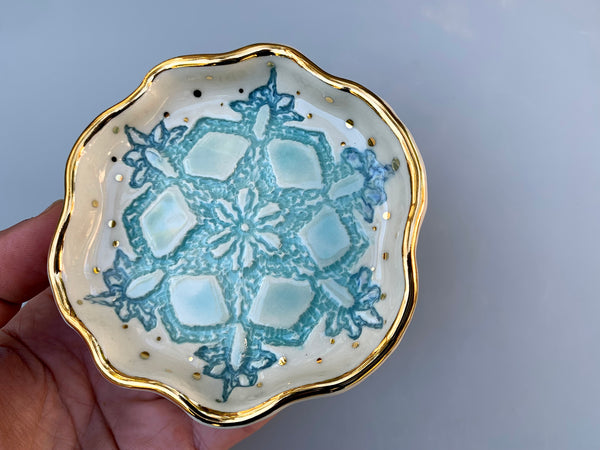 SMALL Turquoise Snowflake Ceramic Jewelry Dish with Gold Accents