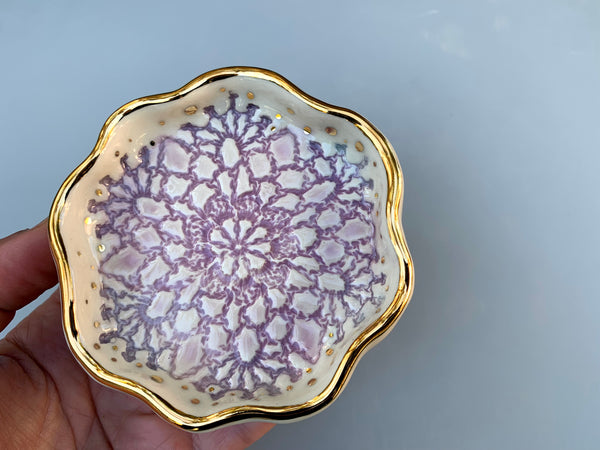 SMALL Purple Snowflake Ceramic Jewelry Dish with Gold Accents
