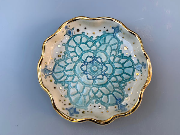 Turquoise Snowflake Ceramic Jewelry Dish with Gold Accents