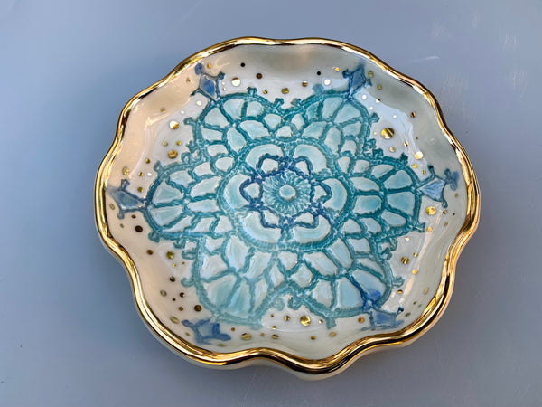 Turquoise Snowflake Ceramic Jewelry Dish with Gold Accents