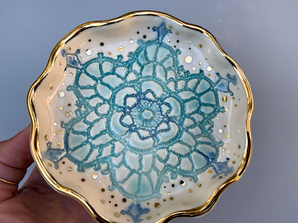 Turquoise Snowflake Ceramic Jewelry Dish with Gold Accents