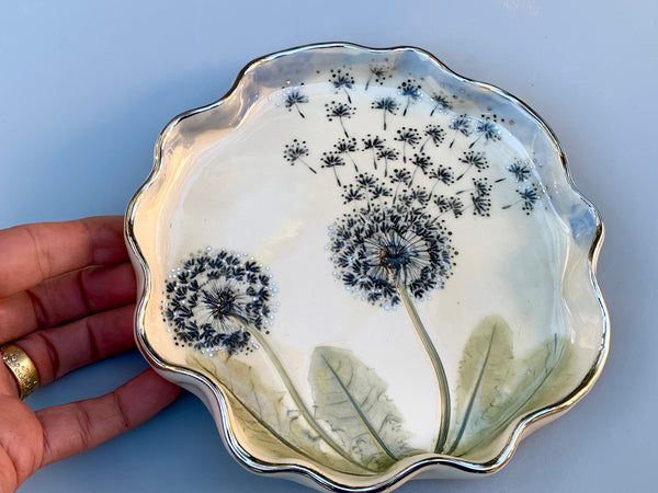 Large SILVER Dandelion Wish, Two Dandelion Seed Heads, with 22kt WHITE gold accents