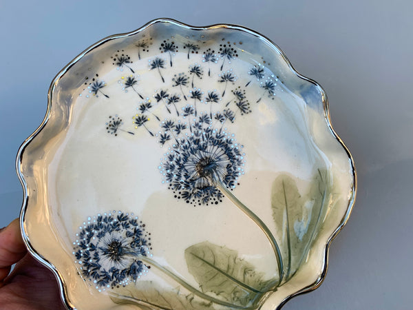 Large SILVER Dandelion Wish, Two Dandelion Seed Heads, with 22kt WHITE gold accents