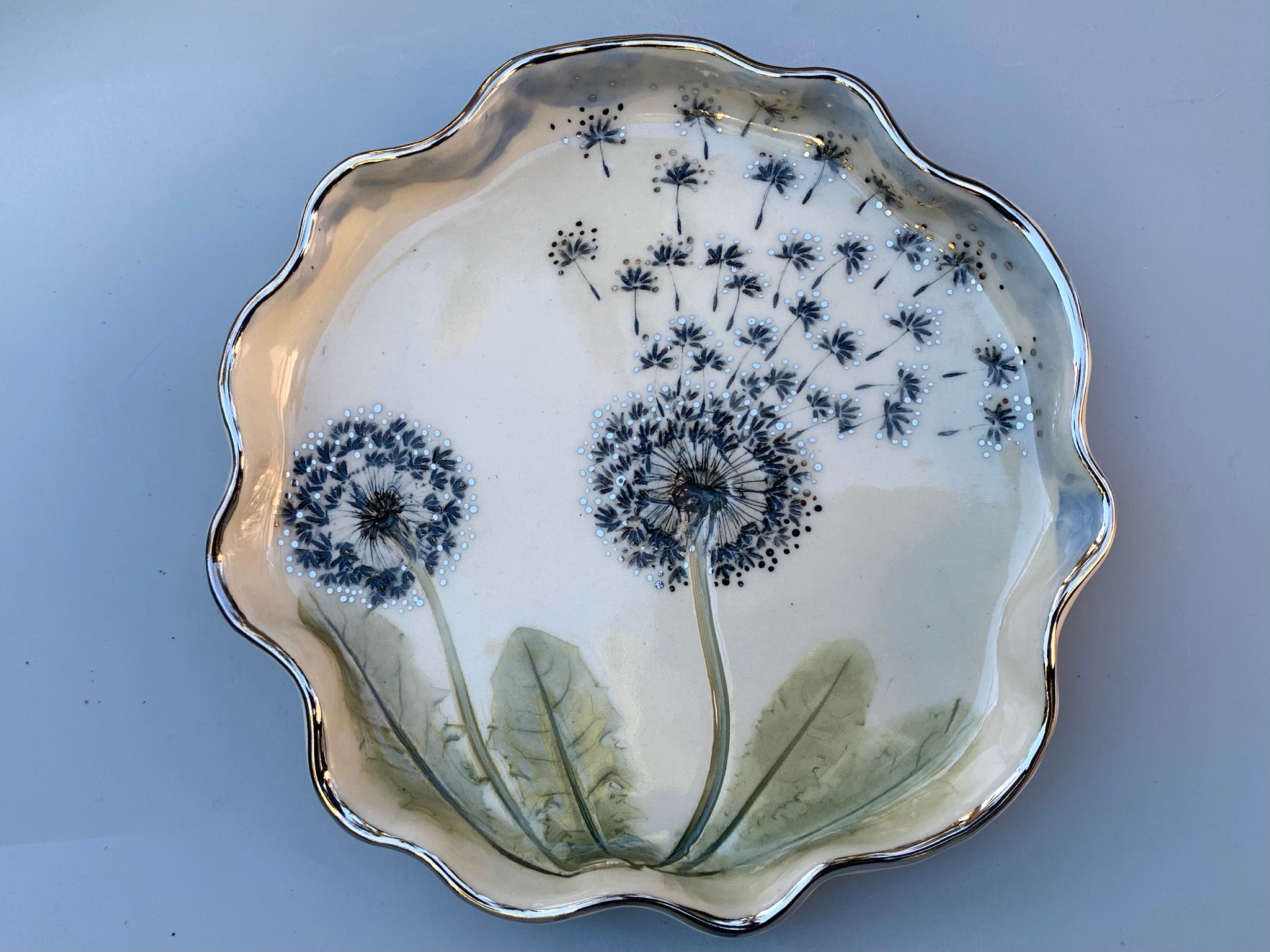 Large SILVER Dandelion Wish, Two Dandelion Seed Heads, with 22kt WHITE gold accents