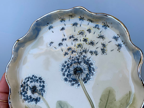 Large SILVER Dandelion Wish, Two Dandelion Seed Heads, with 22kt WHITE gold accents