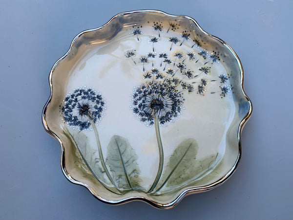 Large SILVER Dandelion Wish, Two Dandelion Seed Heads, with 22kt WHITE gold accents