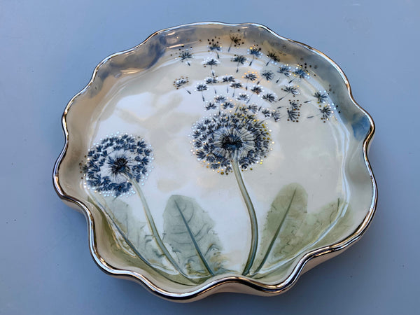 Large SILVER Dandelion Wish, Two Dandelion Seed Heads, with 22kt WHITE gold accents