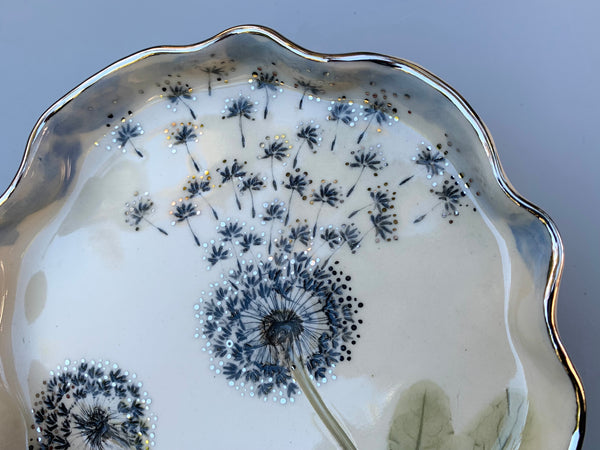 Large SILVER Dandelion Wish, Two Dandelion Seed Heads, with 22kt WHITE gold accents