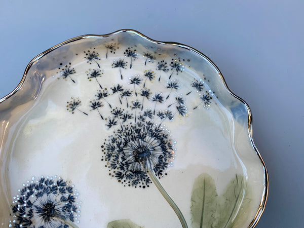 Large SILVER Dandelion Wish, Two Dandelion Seed Heads, with 22kt WHITE gold accents
