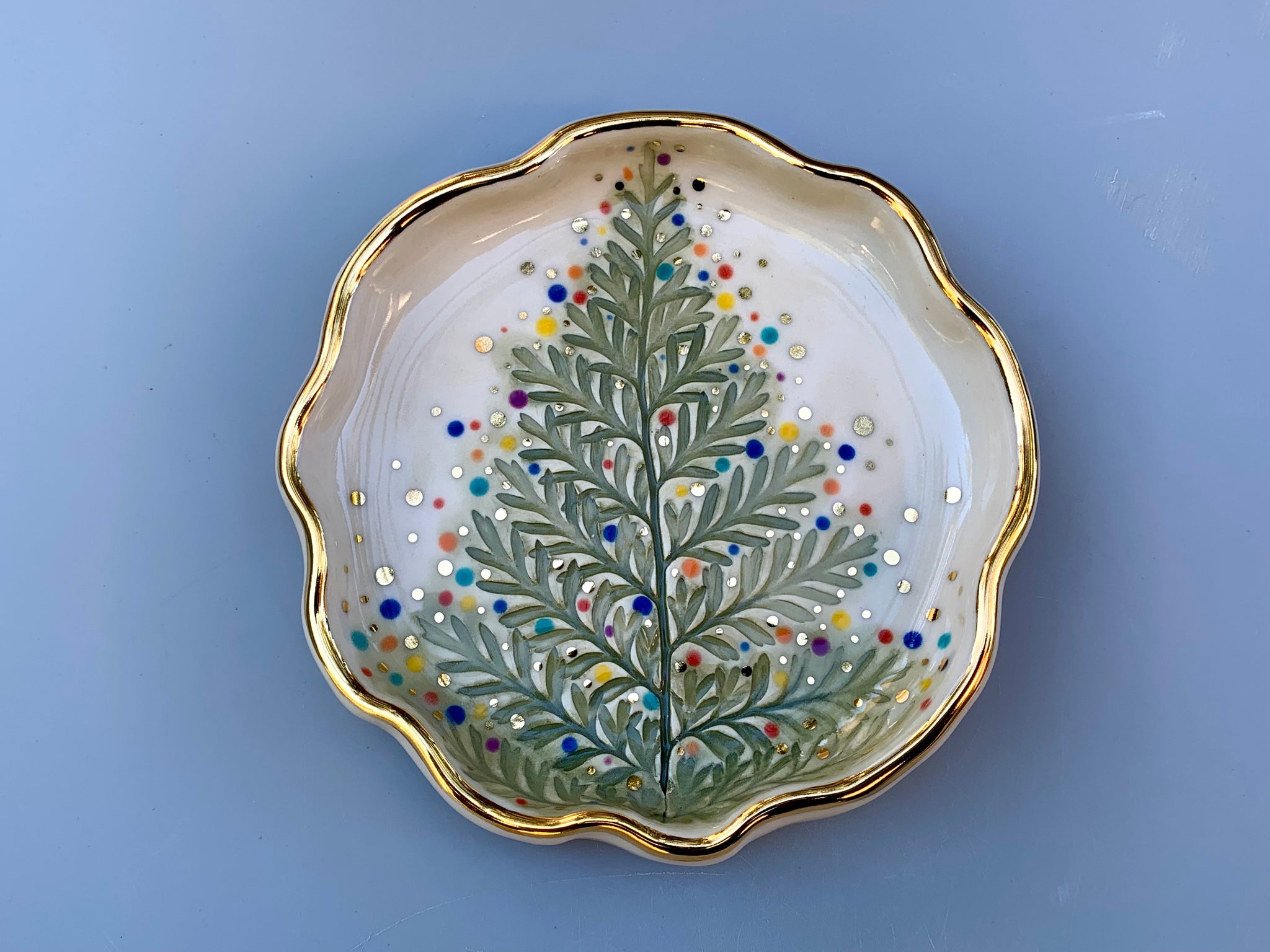 Christmas Tree Jewelry Dish with Gold, Sparkling Holiday Evergreen Ceramic Dish