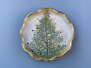 Christmas Tree Jewelry Dish with Gold, Sparkling Holiday Evergreen Ceramic Dish