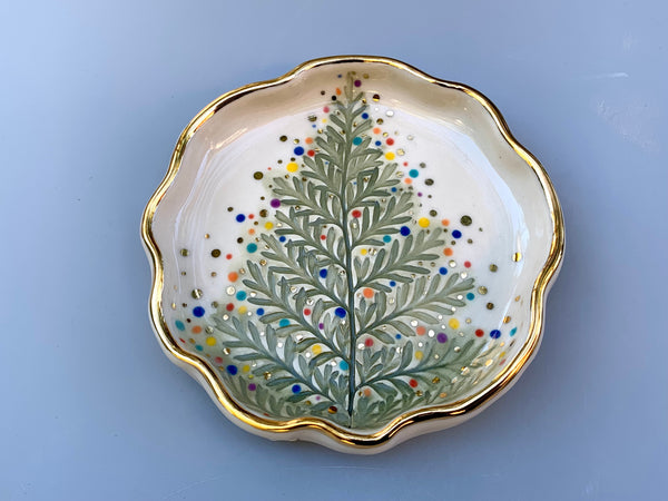 Christmas Tree Jewelry Dish with Gold, Sparkling Holiday Evergreen Ceramic Dish