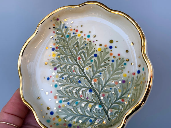 Christmas Tree Jewelry Dish with Gold, Sparkling Holiday Evergreen Ceramic Dish