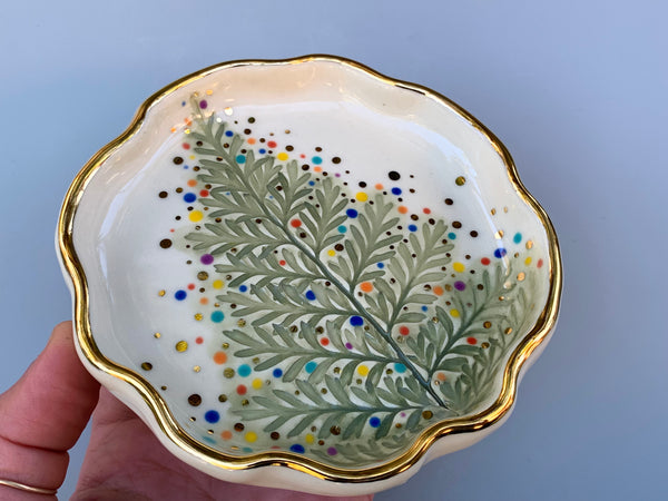 Christmas Tree Jewelry Dish with Gold, Sparkling Holiday Evergreen Ceramic Dish