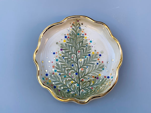 Christmas Tree Jewelry Dish with Gold, Sparkling Holiday Evergreen Ceramic Dish
