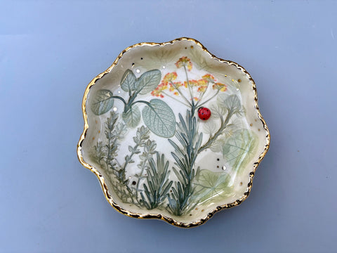 Ladybug with Herb Garden Jewelry Dish, Ceramic with Gold Accent - Vuvu Ceramics