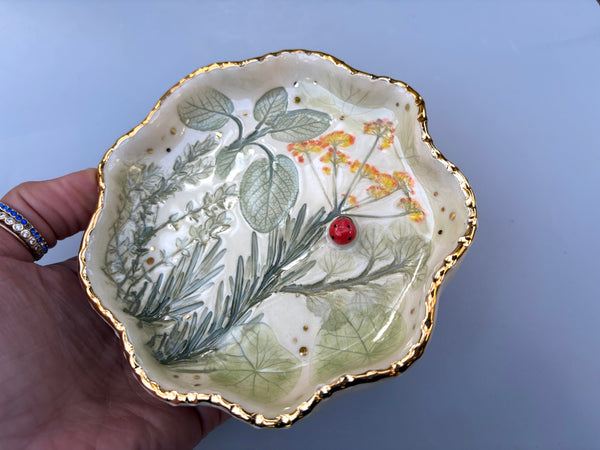 Ladybug with Herb Garden Jewelry Dish, Ceramic with Gold Accent - Vuvu Ceramics