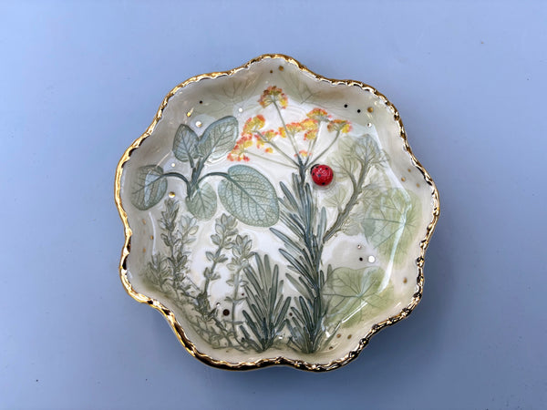 Ladybug with Herb Garden Jewelry Dish, Ceramic with Gold Accent - Vuvu Ceramics