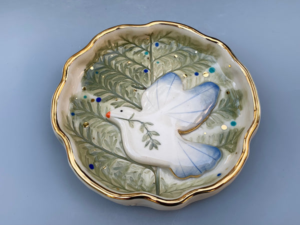 White Dove in Evergreen, Ceramic Jewelry Dish