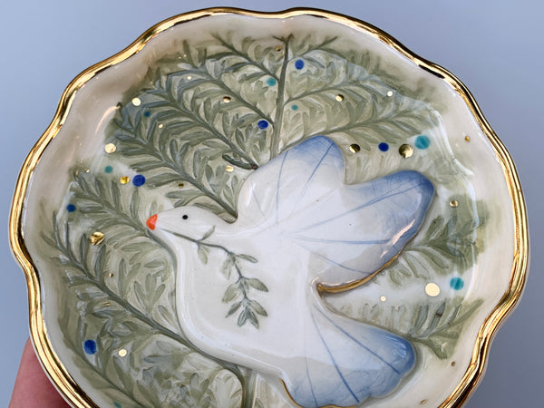 White Dove in Evergreen, Ceramic Jewelry Dish
