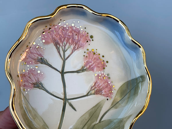 Pink Valerian Flower (Jupiter's Beard) Jewelry Dish with Gold Accents