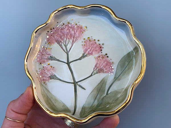 Pink Valerian Flower (Jupiter's Beard) Jewelry Dish with Gold Accents